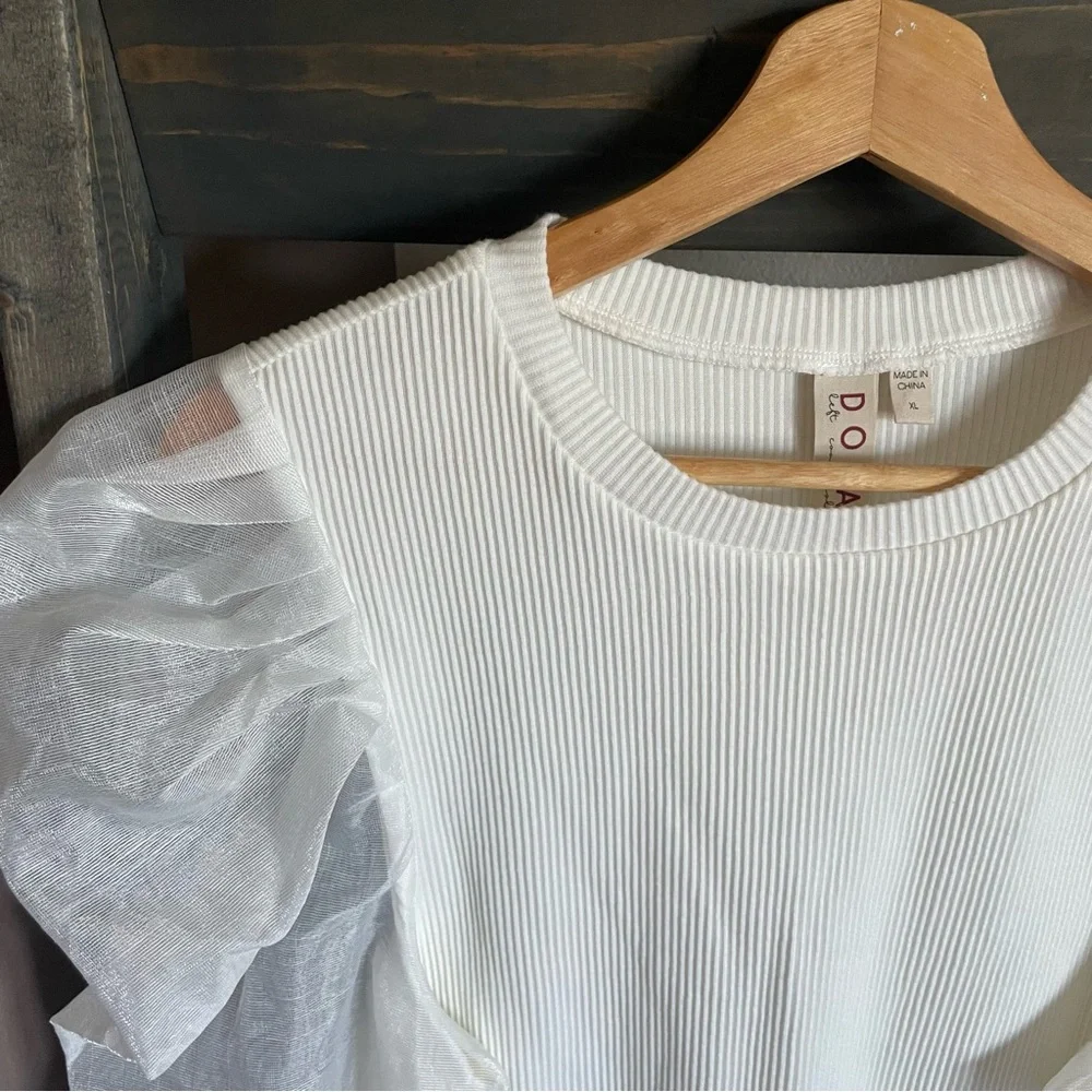Anthropologie DOLAN Left Coast Puff-Sleeve Top Ribbed Knit Sheer Sleeve Sweater